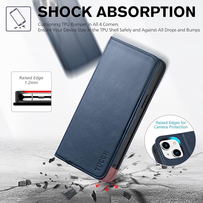 TUCCH Wallet Case for iPhone 14 6.1 5G, PU Leather Folio with [RFID Blocking] [3 Card Slot], Kickstand Book Design [Shockproof TPU Interior Shell] Compatible with iPhone 14 6.1-inch, Dark Blue