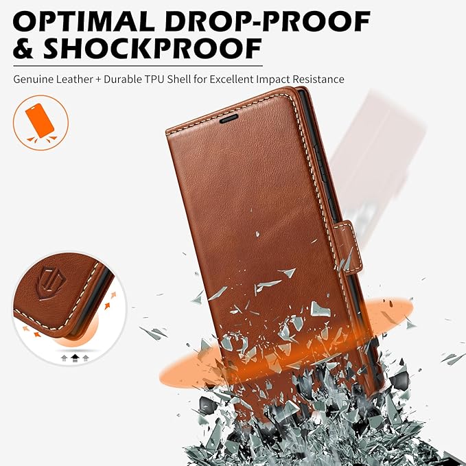 SHIELDON Case for Galaxy S25 Ultra 6.9" 2025, Genuine Leather Flip Wallet Book Case Magnetic RFID Blocking Credit Card Holder Kickstand Shockproof Cover Compatible with Galaxy S25 Ultra - Retro Brown