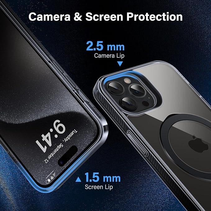 Magnetic Case for iPhone 15 Pro Max - [Built-in Invisible Stand] [Compatible with MagSafe] [Military Grade Drop Protection] Anti-Yellowing Hard Back Silicone Edge Cover, 6.7", Clear Black