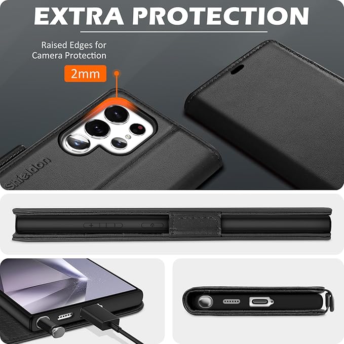 SHIELDON Case for Galaxy S25 Ultra 6.9", Genuine Leather Folio Wallet Case with Kickstand RFID Blocking Card Holder Magnetic Protective Phone Cover Compatible with Galaxy S25 Ultra 2025 - Nappa Black