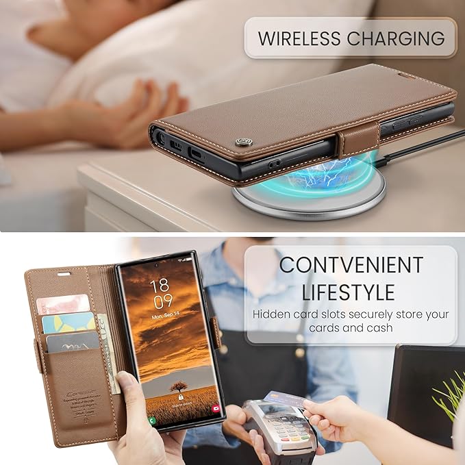 Case for Samsung Galaxy S24 Ultra Wallet Case, RFID Blocking PU Leather Flip Folio Cover Card Holder Kickstand Shockproof Phone Case Compatible with Samsung Galaxy S24 Ultra, Brown