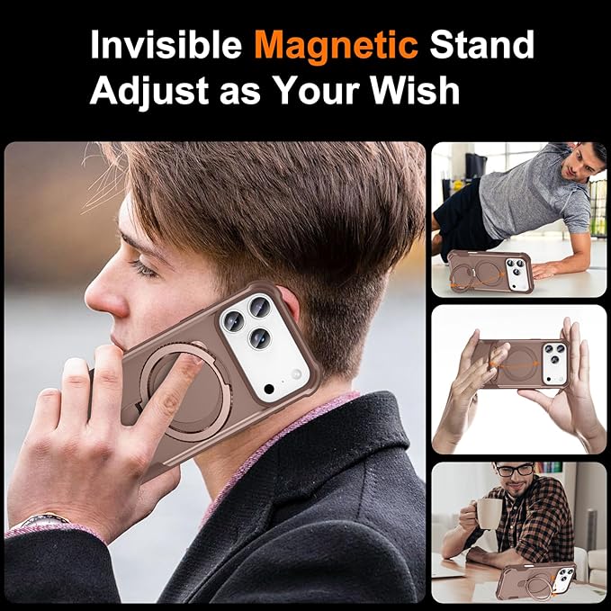 Compatible with iPhone 17 Pro Case with Invisible Magnetic Ring Stand [Compatible with Magnetic] [Military Drop Protection] Shockproof Slim Hard Back Soft Edge Case 6.3 Inch, Khaki