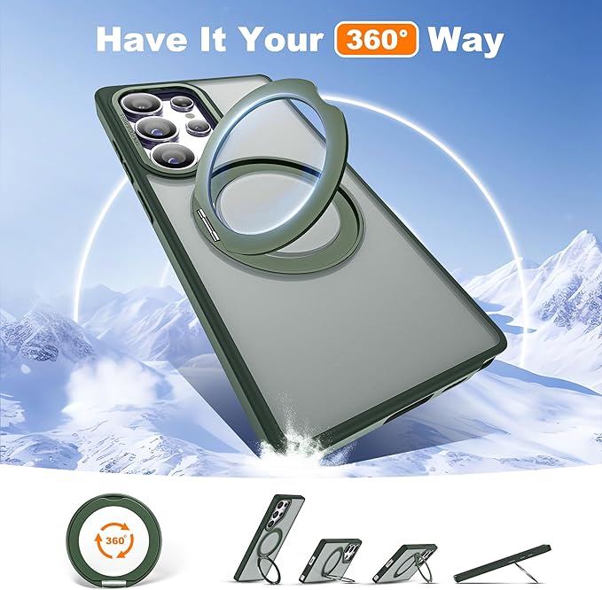 for Samsung Galaxy S25 Ultra Case with 360°Rotatable Magnetic Ring Stand Compatible with Mag-Safe Military Protection Shockproof Matte Translucent Phone Cases for S25 Ultra 6.9",Dark Green
