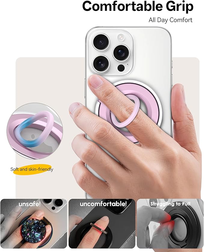 [2025 Newest] Magnetic Phone Grip for MagSafe Ring Holder, Magnet Phone Grip Stand Finger Kickstand Two-Sided Magnetic Compatible with iPhone 17 Pro/Max 16 15 14 13 12 11 Plus&Android (Pink)