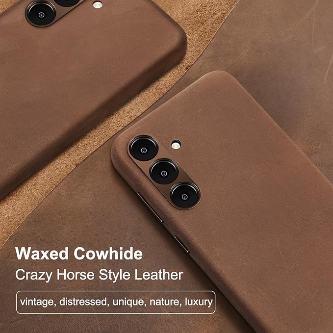 Belemay Leather Case for Samsung Galaxy S24 Compatible with Magsafe - Premium Crazy Horse Leather [Vintage Aesthetics] Unique Patina, Comfort Grip, Metal Buttons, Slim&Soft Cover (6.2") Retro Brown