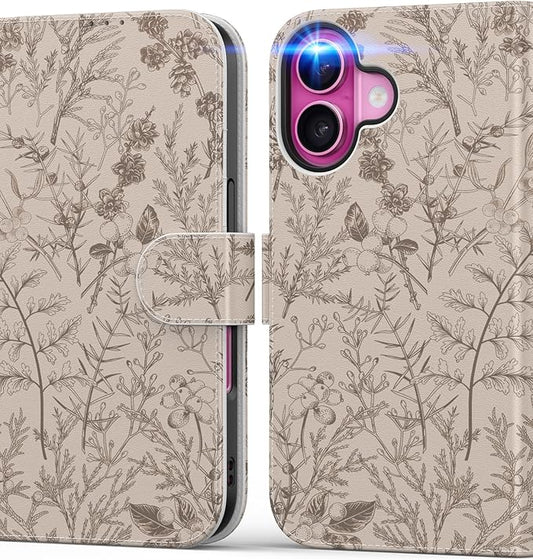 DEENAKIN for iPhone 16 Wallet Case with Card Holder + Cash Clip, RFID-Blocking, Military-Grade Drop Protection, Magnetic Closure with Leather Kickstand - Serene Foliage