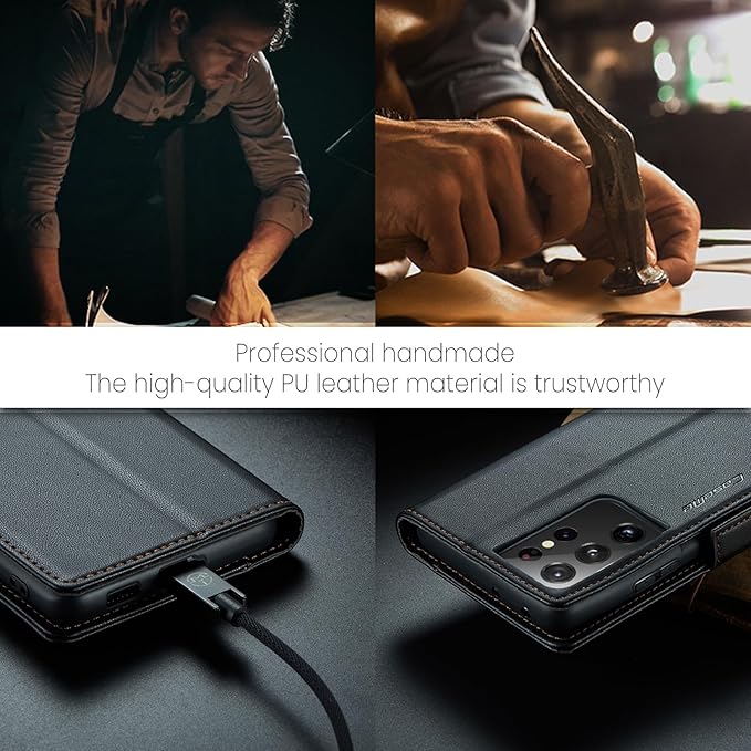 AUPAI for Samsung Galaxy S21 Ultra Wallet Case with Credit Card Holder, PU Leather RFID Blocking Folio Flip Kickstand Magnetic Clasp Protective Phone Cover for Women Men Black