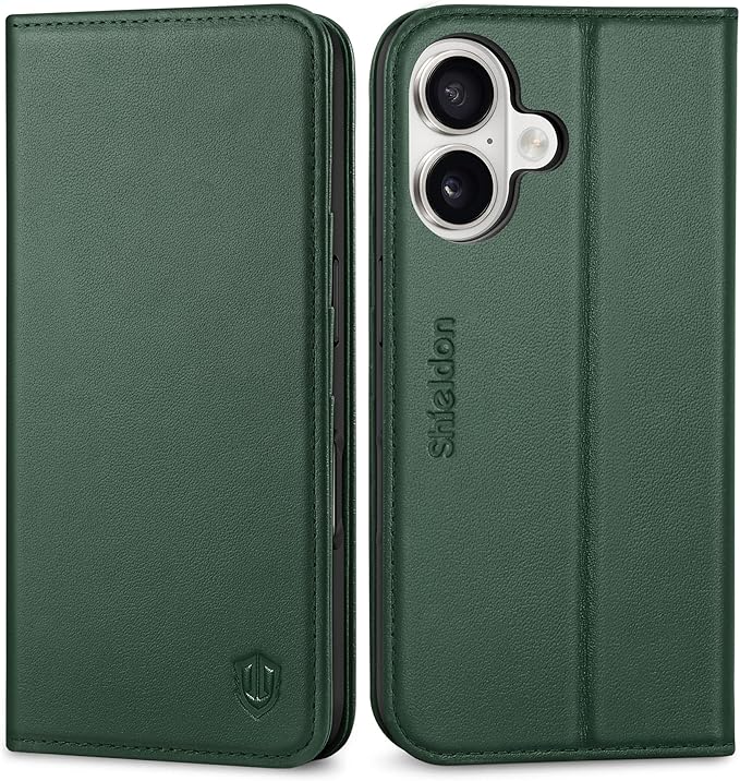 SHIELDON Case for iPhone 16 5G 2024, Genuine Leather Wallet Flip RFID Blocking Card Slot Kickstand Magnetic Shockproof TPU Phone Holder Case Compatible with iPhone 16 6.1" - Nappa Evergreen