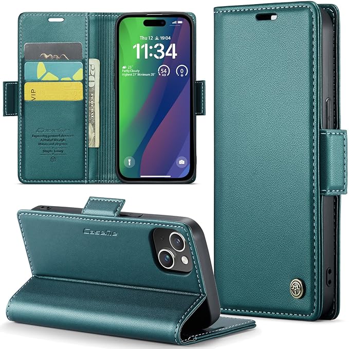 for iPhone 15 Plus Case, Premium PU Leather Wallet Case Flip Cover with [RFID Blocking][Card Holder][Stand Function] Shockproof Protective for iPhone 15 Plus, Blue-Green