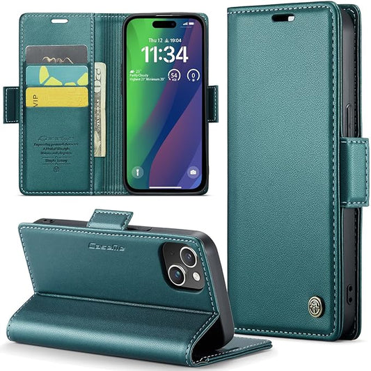 for iPhone 15 Plus Case, Premium PU Leather Wallet Case Flip Cover with [RFID Blocking][Card Holder][Stand Function] Shockproof Protective for iPhone 15 Plus, Blue-Green