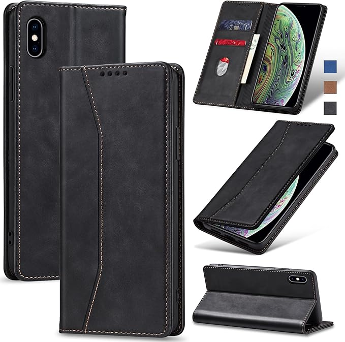 Jasonyu Flip Wallet Case for iPhone X/XS,Leather Magnetic Folio Cover with Card Holder,Kickstand - TPU Shockproof Durable Protective Phone Case,Black