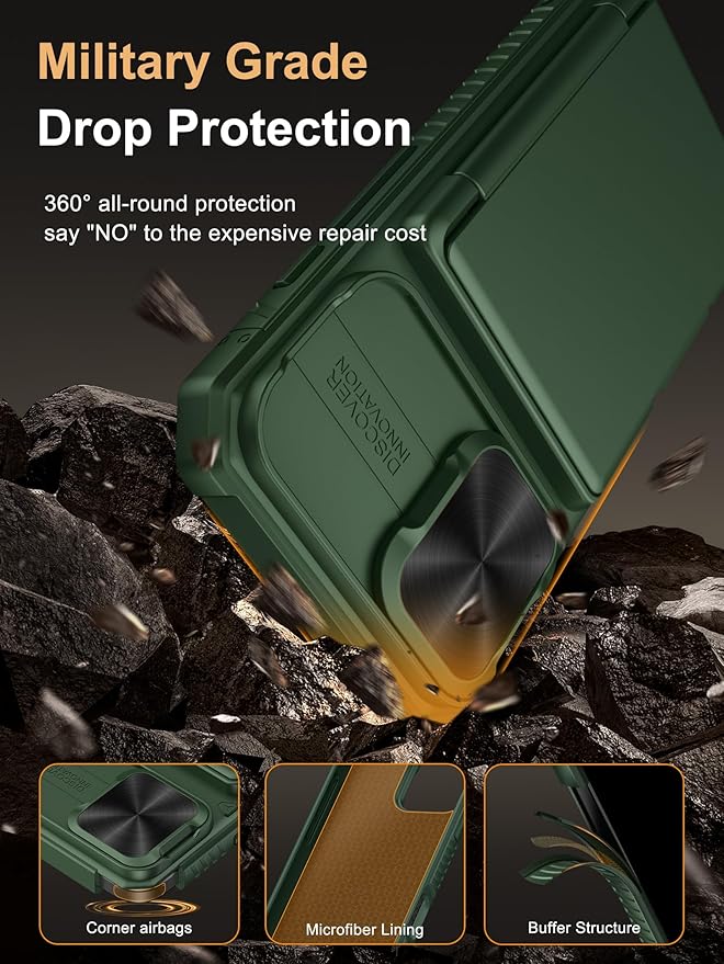 Vihibii for iPhone 16 Case with Card Holder (4 Cards) [RFID Blocking] & Slide Camera Cover, Military Grade Drop Protection, Rugged Hard Back & Silicone Edge Wallet Phone Cover, 6.1" 2024, Green