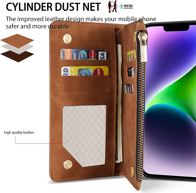 ZZXX for iPhone 14 Plus Case Wallet with [RFID Blocking] Card Slot Premium Soft PU Leather Zipper Flip Folio with Wrist Strap Kickstand Protective Cover for iPhone 14 Plus Wallet Case(Brown-6.7 inch)