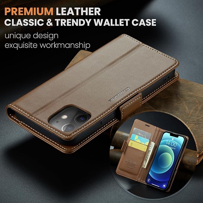 for iPhone 12/12 Pro Case, Premium PU Leather Wallet Case Flip Cover with [RFID Blocking][Card Holder][Stand Function] Shockproof Protective for iPhone 12 Pro/12, Brown