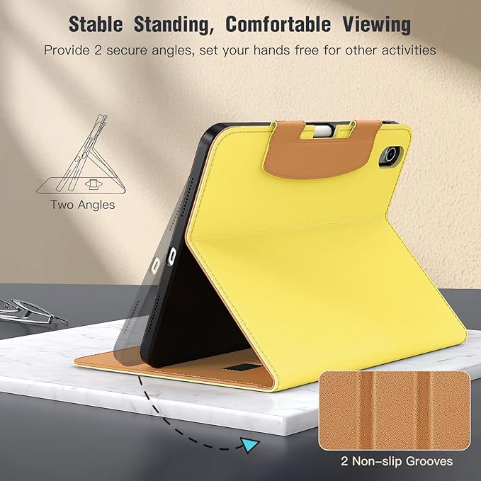 MoKo for iPad (A16) 11th Generation Case 11 inch 2025, iPad 10th Generation Case 10.9" 2022 with Pencil Holder & Pocket, Premium Leather Folio Stand Cover, Multiple Viewing Angles, Light Yellow