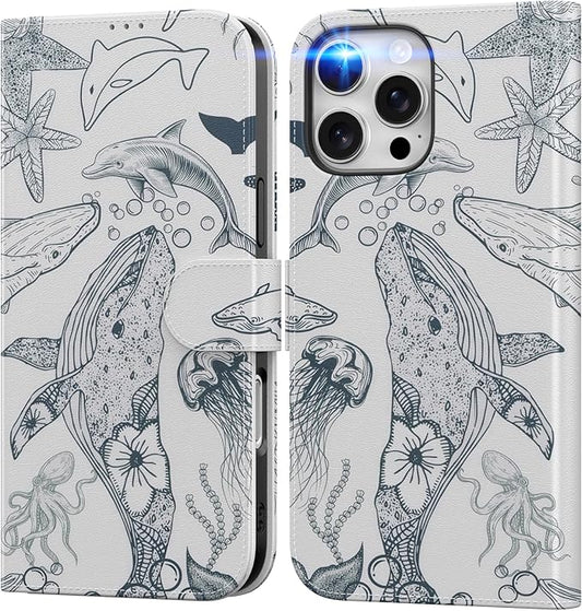 DEENAKIN for iPhone 16 Pro Wallet Case with Card Holder + Cash Clip, RFID-Blocking, Military-Grade Drop Protection, Magnetic Closure with Leather Kickstand - Dynamic Marine Life