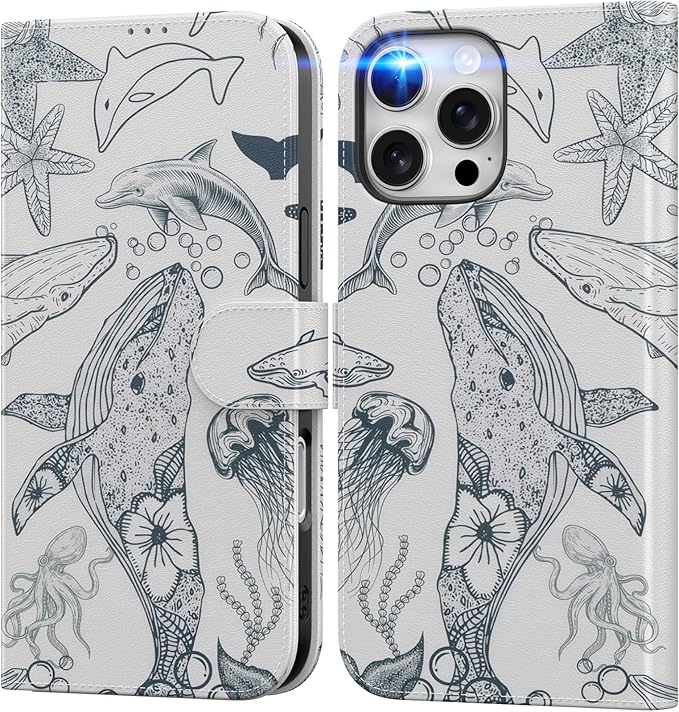 DEENAKIN for iPhone 16 Pro Max Wallet Case with Card Holder + Cash Clip, RFID-Blocking, Military-Grade Drop Protection, Magnetic Closure with Leather Kickstand - Dynamic Marine Life