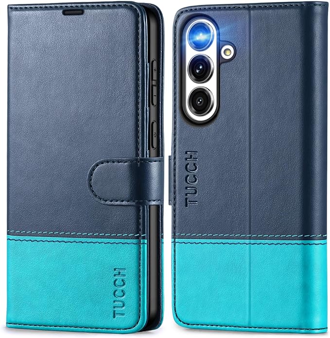 TUCCH Wallet Case for Galaxy S25 FE 5G, [RFID Blocking] 4 Card Slots Magnetic PU Leather Kickstand Folio Phone Cover with [TPU Shockproof Inner Shell] (6.7") 2025, Blue & Lake Blue
