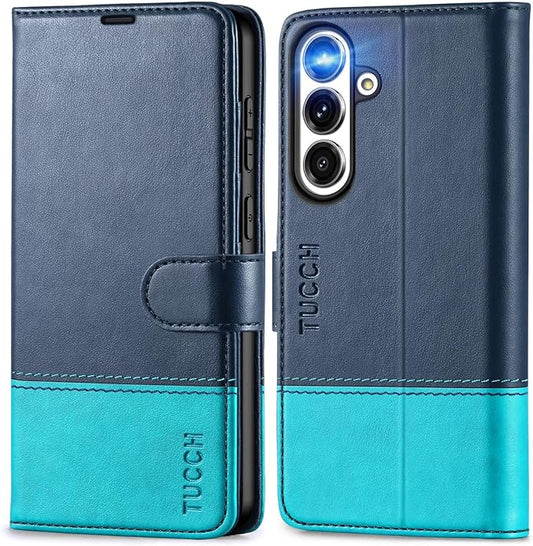 TUCCH Wallet Case for Galaxy S25 FE 5G, [RFID Blocking] 4 Card Slots Magnetic PU Leather Kickstand Folio Phone Cover with [TPU Shockproof Inner Shell] (6.7") 2025, Blue & Lake Blue