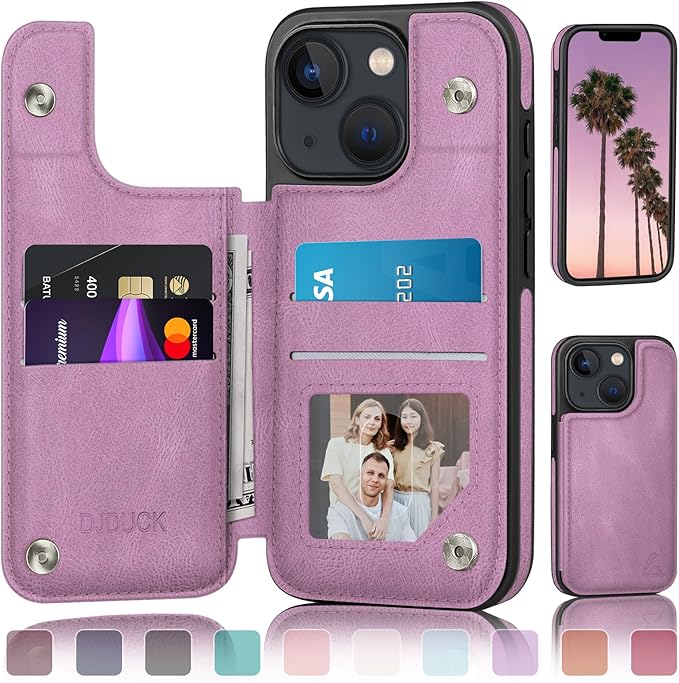 DJDUCK Designed for iPhone 14 Case Wallet with Card Holder, [Magnetic Clasp Cover] [RFID Blocking Leather Protection] Shockproof Women Men Cases 6.1 Inch for Apple 14 Light Purple