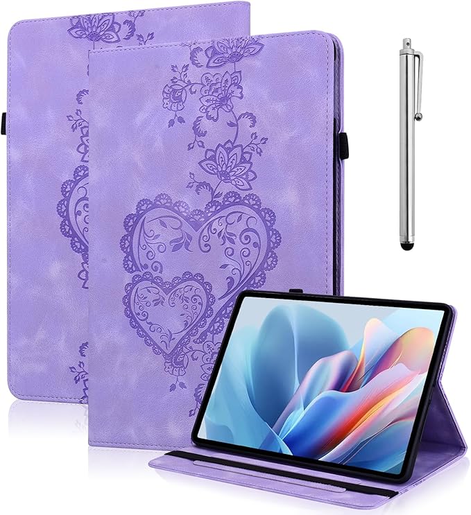 Case for Lenovo Idea Tab Pro 12.7 Inch 2025, Embossed Heart PU Leather Protective Tablet Case with Elastic Band & Card Slots/Holder, Multi-Angle Viewing Stand Cover ，Purple