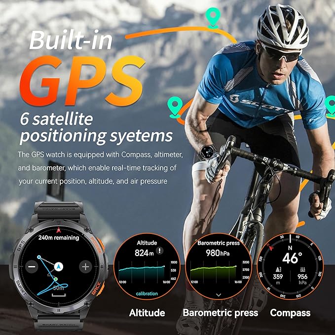 KPEP Military Smart Watches for Men with GPS, 1.43" AMOLED/2 Straps/LED Flashlight/IP68 Waterproof Smartwatch, Make/Answer Calls, 170+ Sport Modes, Compass, Fitness Tracker for iOS Android, Silver