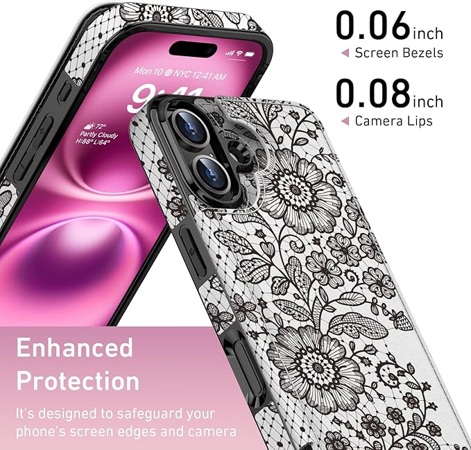 FUNMIKO for iPhone 16 Plus Wallet Case with Card Holder, RFID-Blocking, Military-Grade Protection & UV-Printed Artwork, Magnetic Closure with Leather Kickstand - Graceful Lace Floral