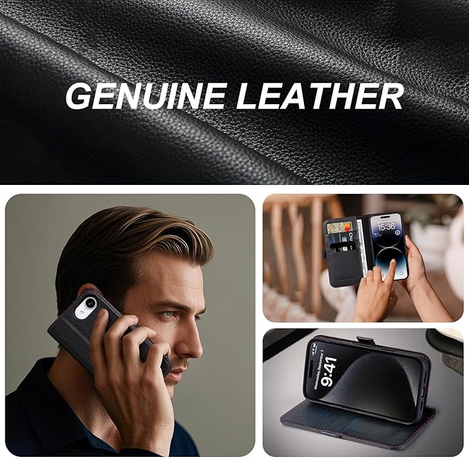 Case for iPhone 16e 6.1", Genuine Leather Wallet Magnetic Cover RFID Blocking Card Slot Kickstand Shock-Absorbent TPU Phone Holder Case Compatible with iPhone 16e 2025 5G (Black)