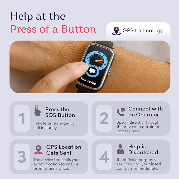 Cellular Medical Alert Smart Watch with Emergency Button for Elderly, 24/7 Monitoring, Fall Detection for Seniors, Water-Resistant Watch with 2-Way Communication, GPS Tracking, Heart Rate Monitor