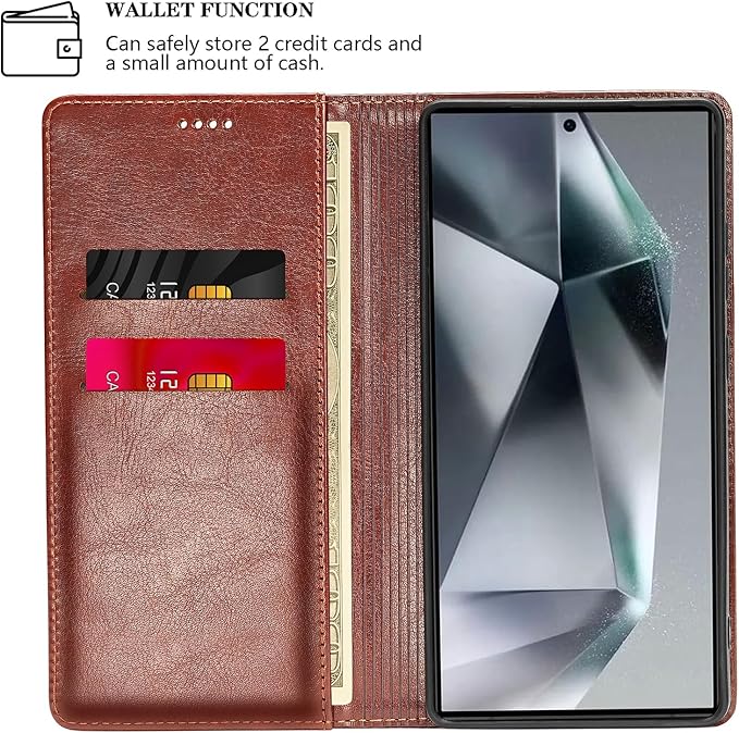for Samsung Galaxy S25 Ultra Wallet Case, Genuine Leather Flip Folio Cover with RFID Blocking Card Slots, Kickstand [Shockproof TPU Inner Shell] for Galaxy S25 Ultra (Brown)