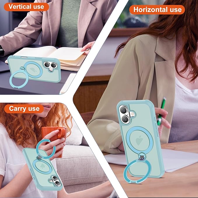 Compatible with iPhone 17 Case with Invisible Magnetic 360°Spin Stand,Military-Grade Shockproof Protection [Compatible with Mag-Safe] Non-Slip Edge Translucent Case (6.3",Blue)