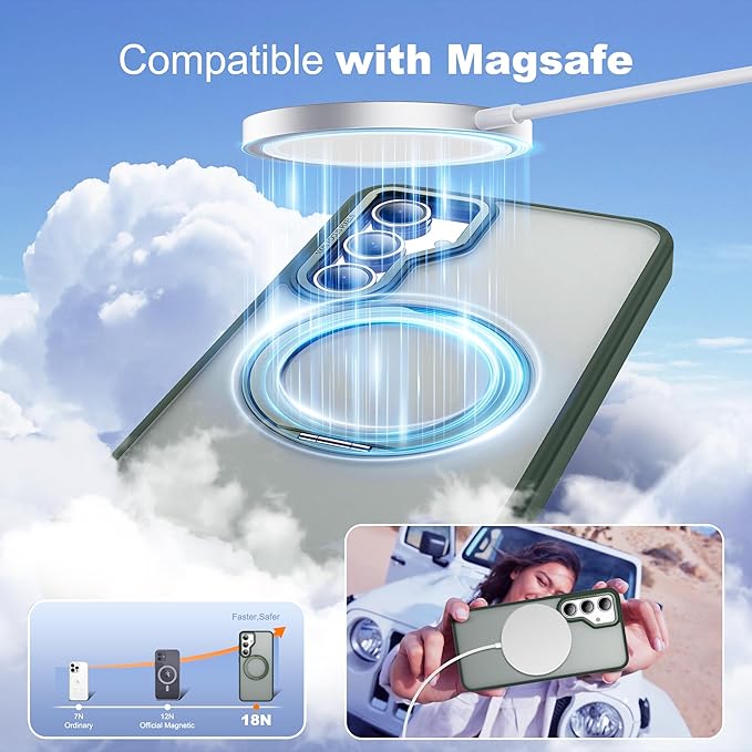 for Samsung Galaxy S23 FE Case with 360° Rotatable Magnetic Ring Stand Compatible with Mag-Safe Military Protection Shockproof Matte Translucent Phone Cases for S23 FE,Dark Green