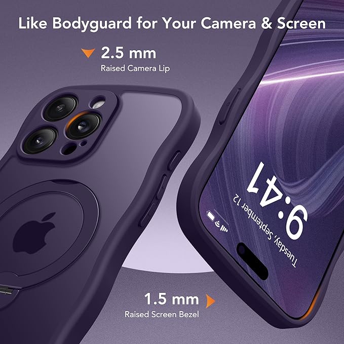 GolbinBox for iPhone 15 Pro Case,[Compatible with Magsafe][360°Magnetic Stand][Cute Wave Edge][18ft Military-Grade Protection] Translucent Matte Phone Women Case for iPhone 15 Pro,Dark Purple