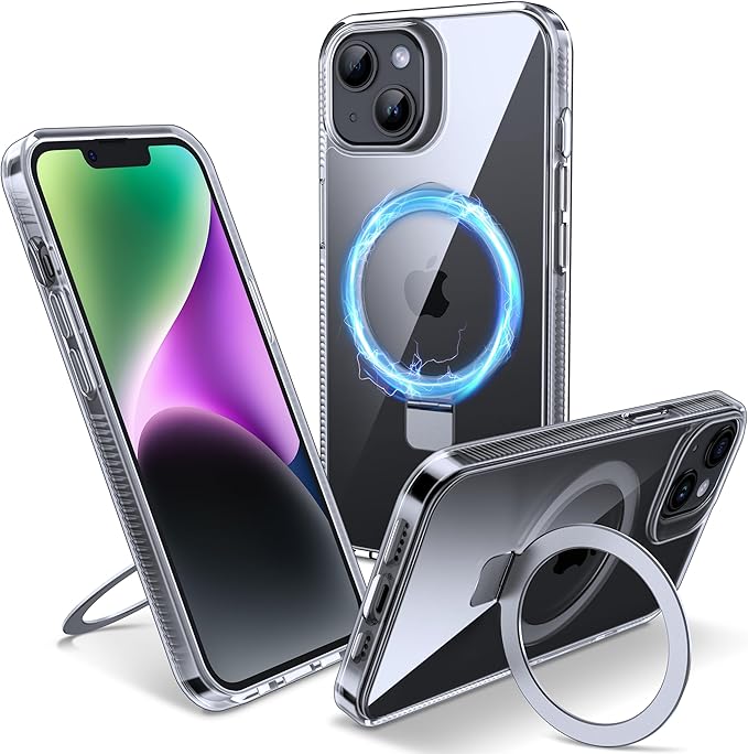 Magnetic Case for iPhone 13/14 - [Built-in Invisible Stand] [Compatible with MagSafe] [Military Grade Drop Protection] Anti-Yellowing Hard Back Silicone Edge Cover, 6.1", Clear