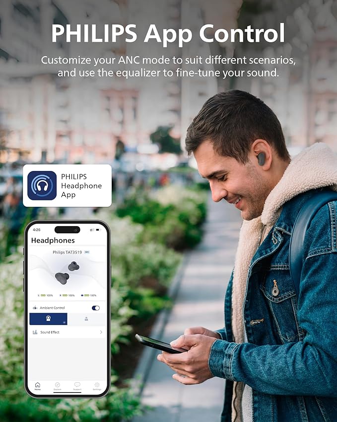 PHILIPS TAT3519 Wireless Earbuds,True Wireless Headphones with Noise Canceling Pro,Dynamic Bass,Clear Call,24 H Battery Life,Fast Charging,Bluetooth 5.3,IPX4,App/Touch Control,Black