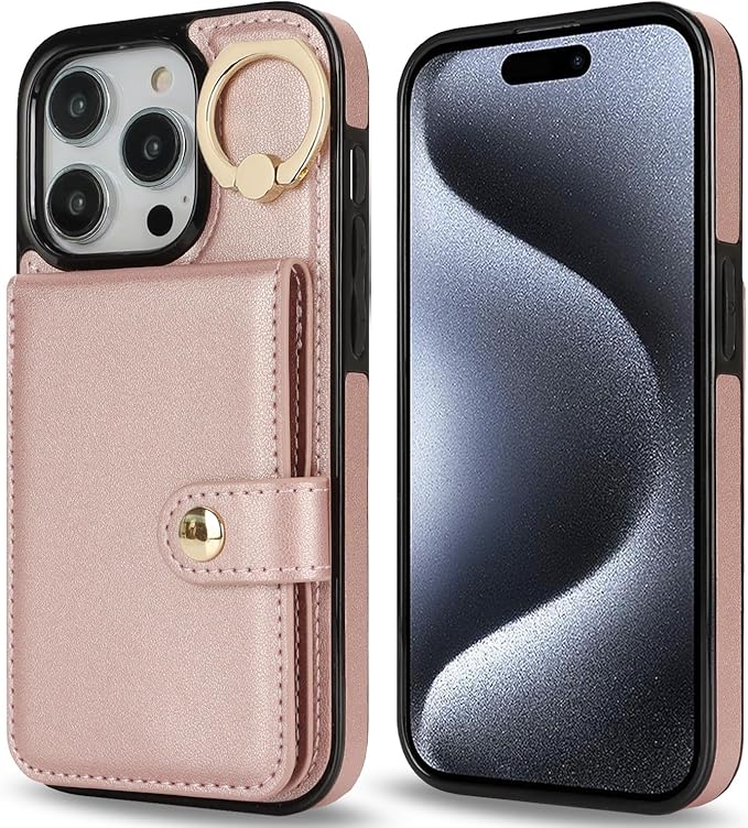 Compatible iPhone 16 Pro Max Wallet Case with Card Holder RFID Blocking PU Leather Wallet Unisex Flip Shockproof Protection with Card Slots Ring Wrist Kickstand Function,Rose Gold
