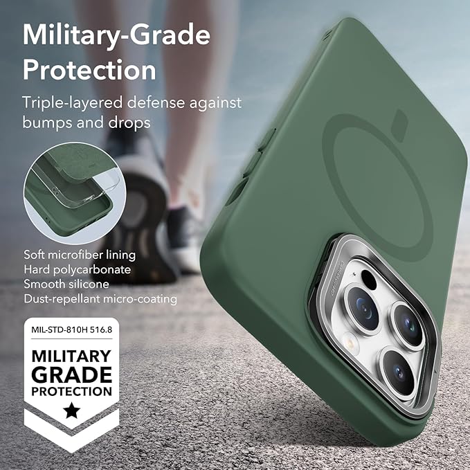 ESR for iPhone 14 Pro Max Case, MagSafe Silicone Case with Stand, Military-Grade Protection, Built-in Camera Stash Stand, Magnetic Phone Case for iPhone 14 Pro max, Cloud Series,Green