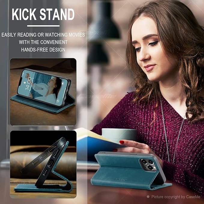 for iPhone 13 Pro Max Case, Flip Wallet Leather Case with Card Holder Magnetic Closure Shockproof Kickstand Protective Phone Cases Cover for iPhone 13 Pro Max, Blue-Green