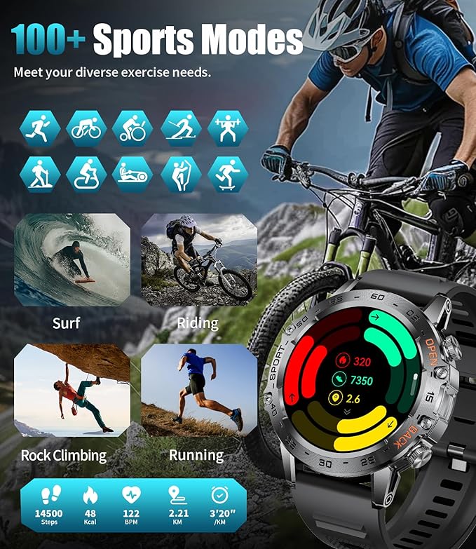 Military Smart Watch for Men(Answer/Dial Calls),1.45'' AMOLED/100 Sports Modes, 5ATM Waterproof Fitness Watch with Heart Rate/SpO2/Sleep Tracker for Android and iOS,530MAH Smartwatch Black Steel