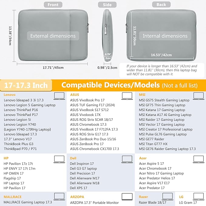 HYZUO 17-17.3 Laptop Sleeve Bag Set for 17" 17.3" HP/Lenovo/Dell/ASUS/Acer/LG/Toshiba/MSI Gaming Laptop/Razer Blade 17/18, Notebook Protective Case for Men Women, Rock Gray