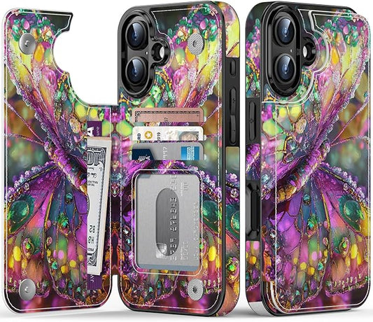 FUNMIKO for iPhone 16 Plus Wallet Case with Card Holder, RFID-Blocking, Military-Grade Protection & UV-Printed Artwork, Magnetic Closure with Leather Kickstand - Vibrant Elegant Butterfly