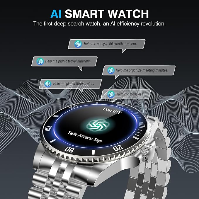 AI Smart Watch, DA GPT Waterproof Smartwatch, 1.19-inch AMOLED Display, 24/7 Heart Rate, Blood Oxygen, Blood Pressure, Sleep Monitor, 107 Sports Modes, Compatible Android and iOS Silver Black
