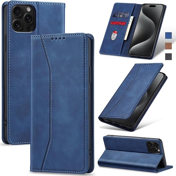 Jasonyu Flip Wallet Case for iPhone 15 Pro Max,Leather Magnetic Folio Cover with Card Holder,Kickstand - TPU Shockproof Durable Protective Phone Case,Blue