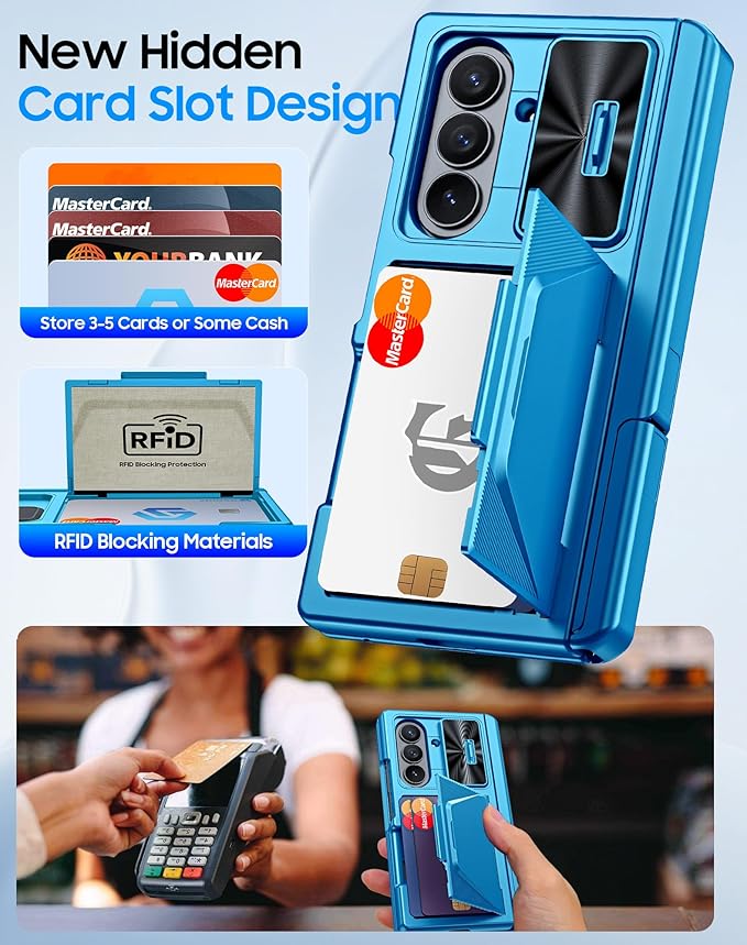 for Samsung Galaxy Z Fold 7 Case with Card Holder RFID Blocking & Privacy Screen Protector & Slide Lens Cover & Hinge Protection & Kickstand, Shockproof Wallet Case for Z Fold 7 (Lake Blue)