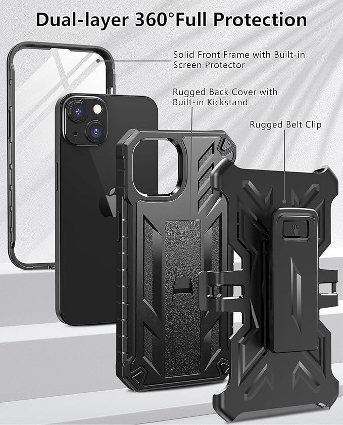 for iPhone 13/14 Protective Case: for iPhone 16e Cover with Belt Clip Holster | Durable Dual-Layer Design with Built-in Kickstand | Heavy Duty Military Grade Hard Protection Shock Proof Black