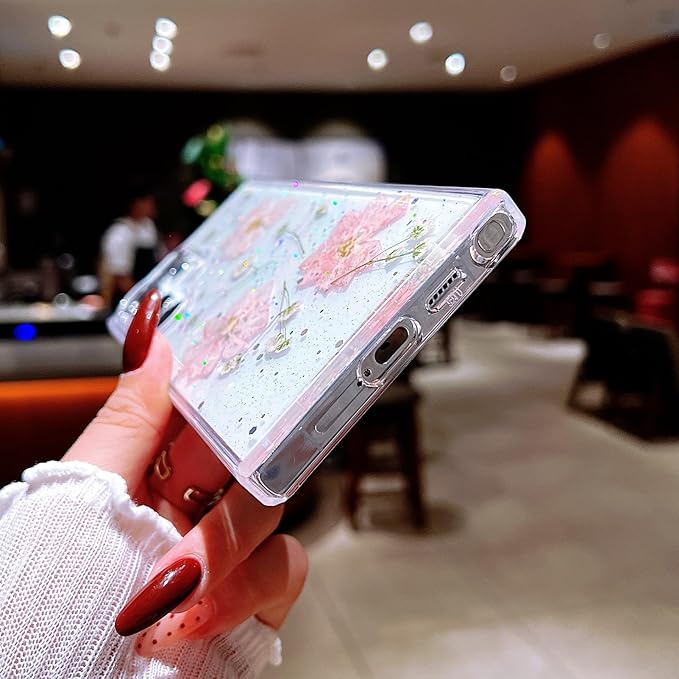 Compatible with Samsung Galaxy S23 Ultra Case Cute Pressed Dried Real Flowers Design Women Girly Shockproof Hard PC+ TPU Bumper Floral Phone Cover for Galaxy S23 Ultra (Light Pink)