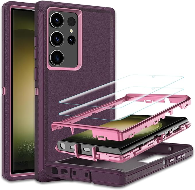 for Samsung Galaxy S23 Ultra Case with [2 Pack] HD Screen Protector, [Military-Grade] Shockproof Dust/Drop Proof 3-Layer Full Body Protection Heavy Duty Case for Galaxy S23 Ultra, Deep Purple