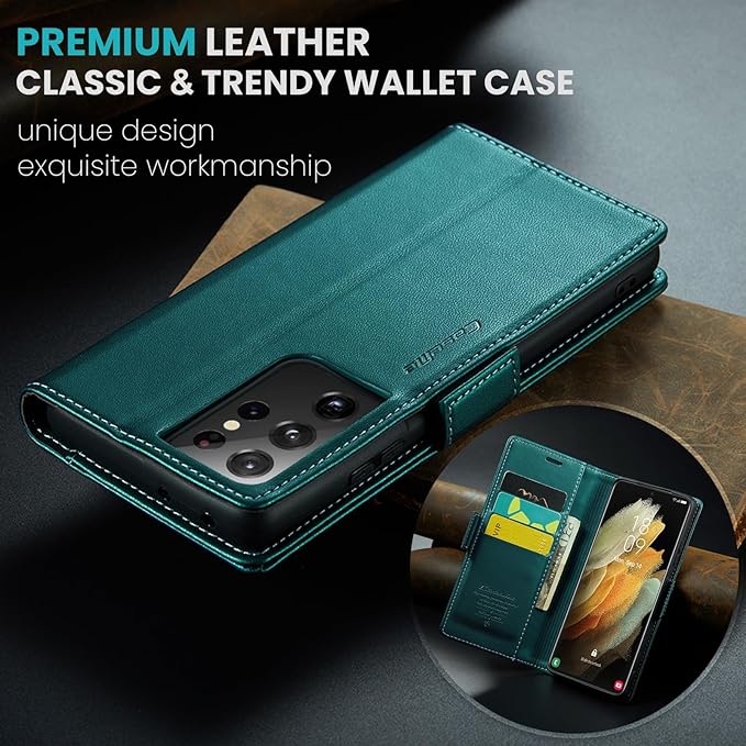 AUPAI for Samsung Galaxy S21 Ultra Wallet Case with Credit Card Holder, PU Leather RFID Blocking Folio Flip Kickstand Magnetic Clasp Protective Phone Cover for Women Men Cyan