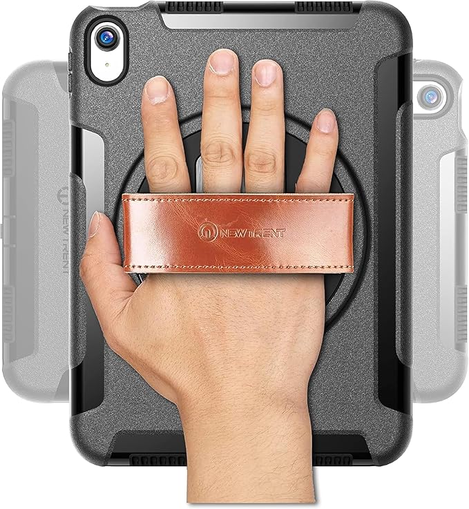 Original Rugged iPad Case for iPad 11 (A16) 11-inch (2025) & iPad 10th Gen 10.9-inch (2022) | 360° Rotating Kickstand, Genuine Leather Hand Strap, Built-in Screen Protector (Black 10 Pcs)