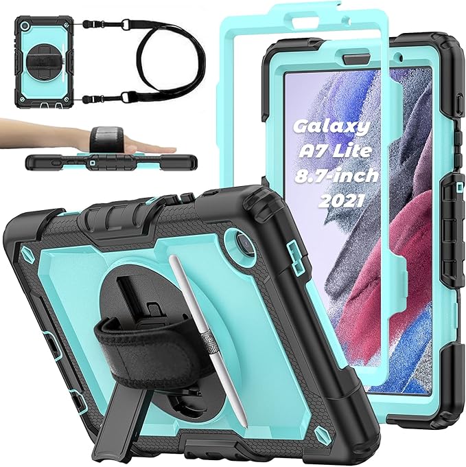 Case for Samsung Galaxy Tab A7 Lite 8.7-inch 2021 (SM-T220/T225), Protective with Screen Protector/Hand Strap/Pen Holder, Sturdy Shockproof for Samsung A7 Lite Tablet Case (SkyBlue)